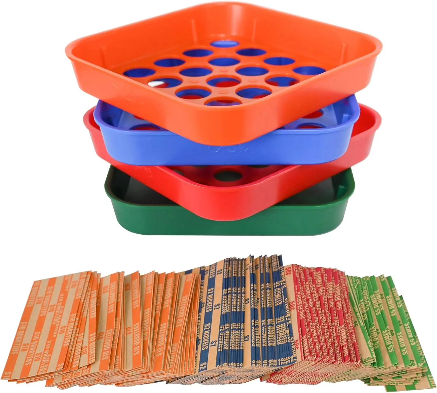 4-Color-Coded Plastic Tray Organizer for Sorting, Includes 160 Assorted Coin Roll Wrappers, Office Stationery Plastic Trays, Includes Wrappers