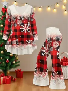 Women's Plus Size Print T-Shirt and Tight Pants Set, Fashionable Two-Piece Street Style, Perfect Christmas Wear and Casual Daily Use