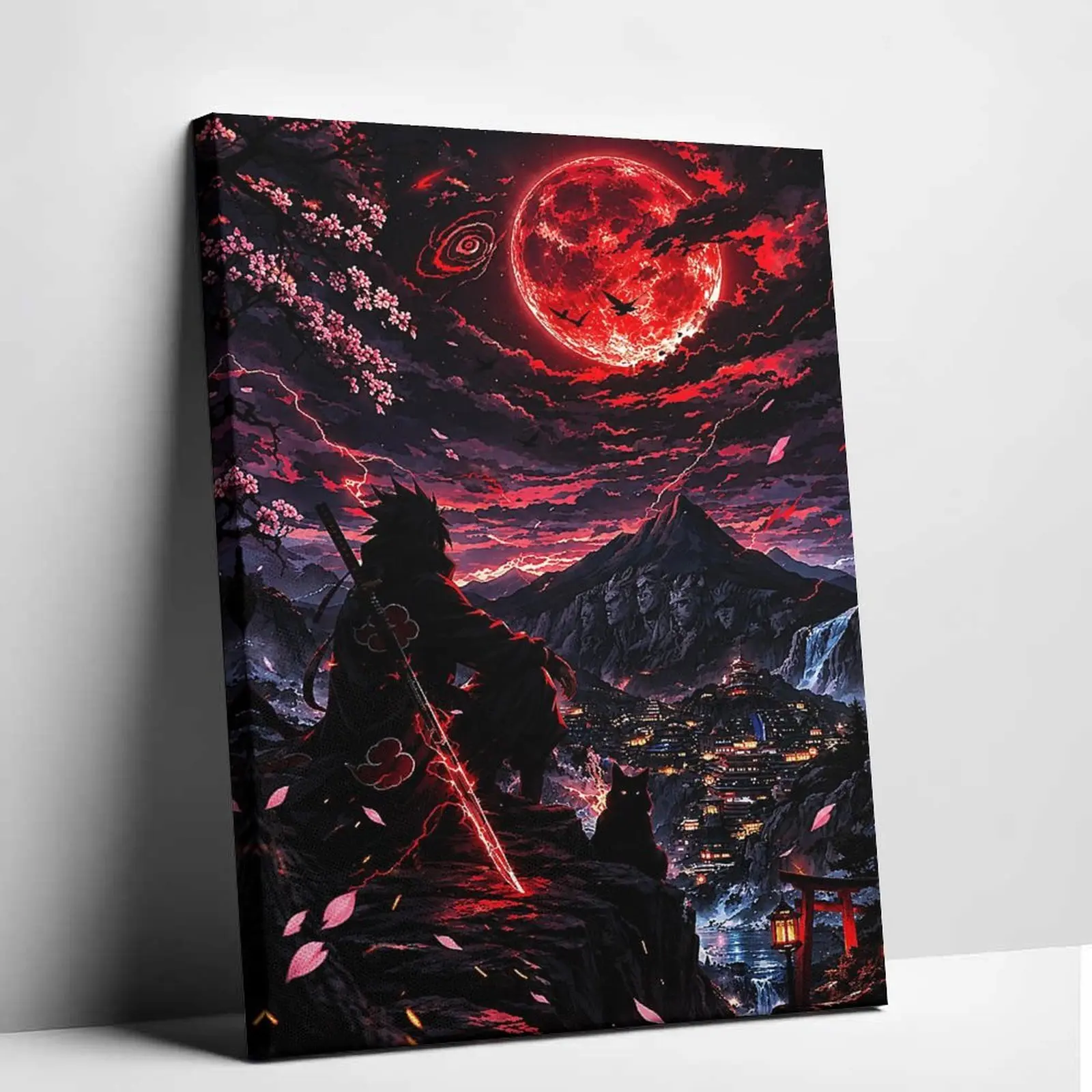 Naruto Shippuden Canvas Wall Art, Akatsuki Ninja Warrior Poster, Red Moon Anime Artwork, Japanese Samurai Fantasy Decor, Naruto Room Decoration, Gaming Room Wall Art