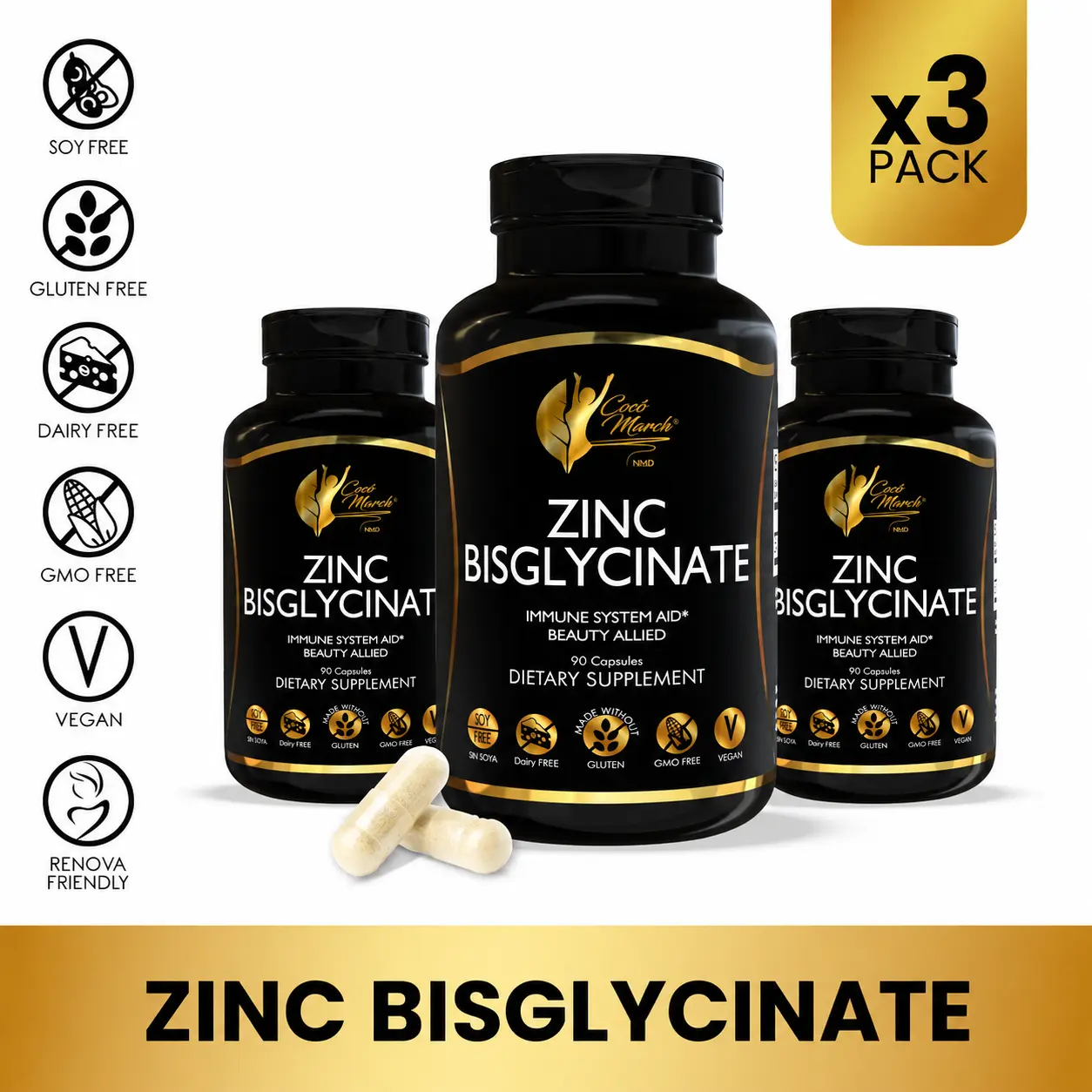 3 Bottles of Cocó March N.M.D Zinc Bisglycinate – Gentle on Stomach, Powerful Immune & Skin Support – Highly Absorbable Chelated Formula – Vegan, Gluten-Free, Non-GMO, Soy-Free – 90 Capsules each bottle Healthy Vision Fitness