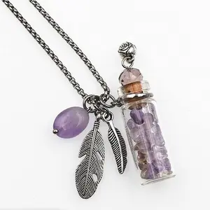 Crystal gravel bottle pendant with metal feather chain, can be added with perfume and aromatherapy essential oil for long-lasting fragrance, as a gift choice, for ladies, birthday gift