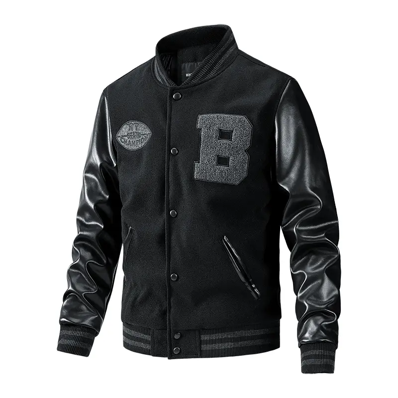Men’s vintage baseball jacket with “B” letter felt appliqué; men’s wool jacket with PU leather sleeves; street-style single-breasted jacket backtoschool