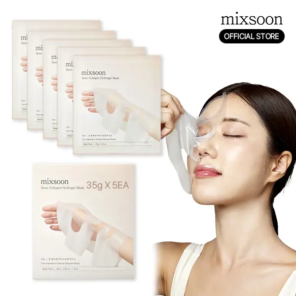 [mixsoon Official Shop] Bean Collagen Hydrogel Face Mask Sheet 5-Pack - Pomegranate-Infused, AHA-Enhanced, Deep Hydrating Jelly Mask for Exfoliating, Radiant, Glowing Skin