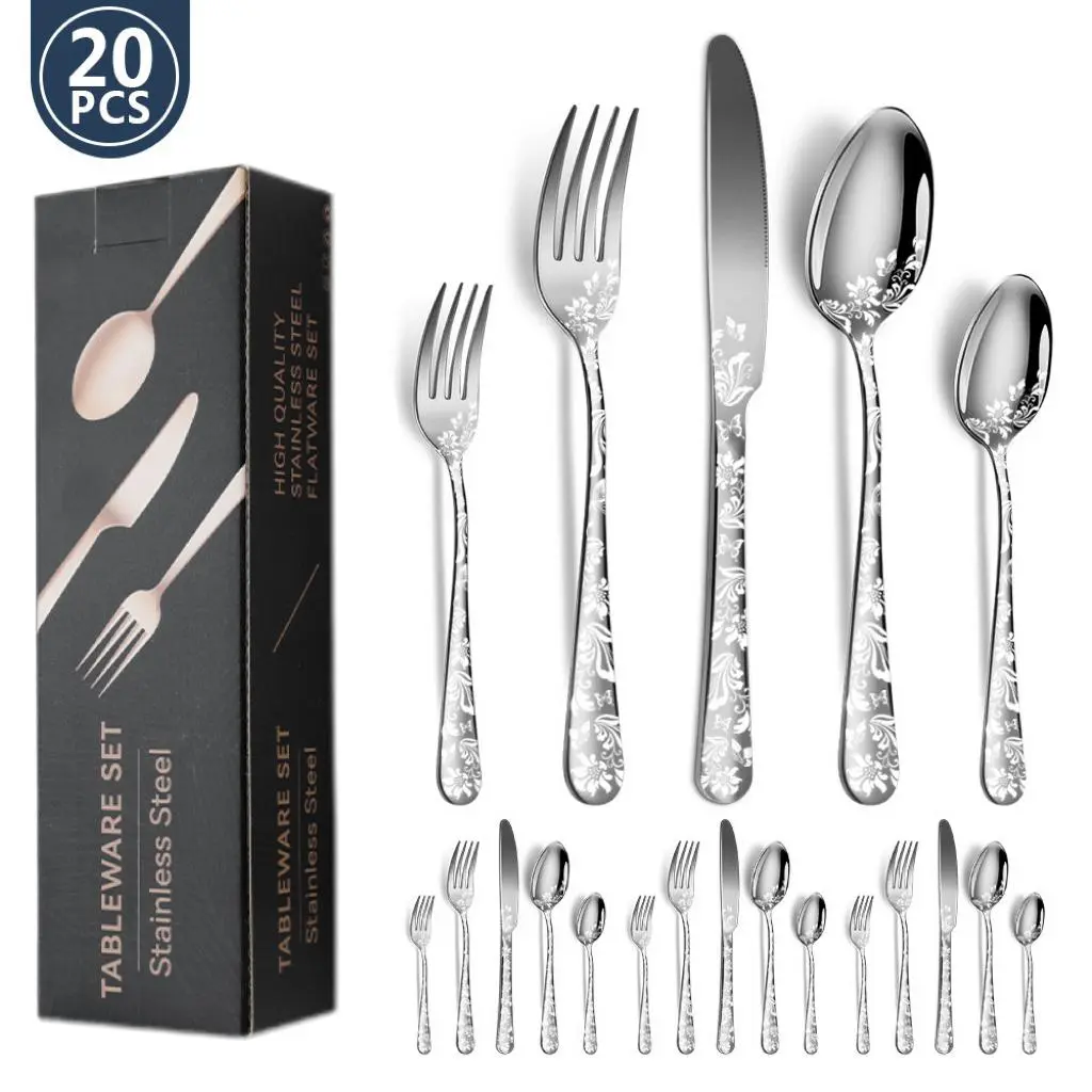 20-Piece Stainless Steel Steak Knife Set, Floral Handle Design, Dishwasher Safe, Elegant Gift Box Packaging, High-End Western Dining Cutlery, Tableware Sets, Kitchen Cutlery Set