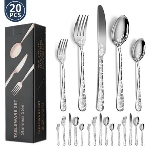 20-Piece Stainless Steel Steak Knife Set, Floral Handle Design, Dishwasher Safe, Elegant Gift Box Packaging, High-End Western Dining Cutlery Dinnerware Service Set, Modern Tableware Sets