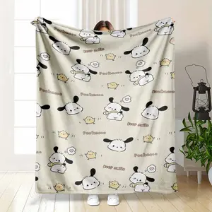 Cute Cartoon White Puppy Blanket Pochacco Pattern Keep Smile Quote Print Soft Flannel Fleece Throw Kawaii Anime Dog Gift For Girl summerwins