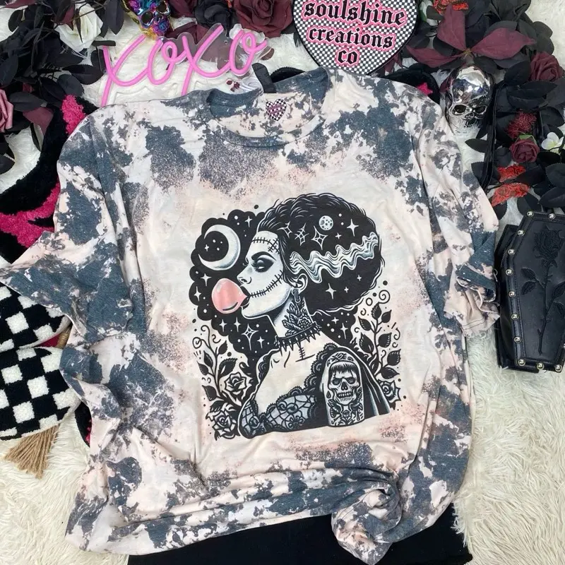 Bubblegum Bride Acid Wash Bleached Halloween Tee-Edgy Alternative Vibes- Unisex Shirt-Sublimation Printed