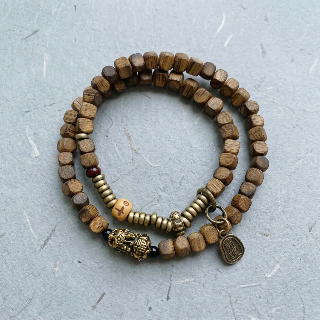 Unisex 24-Karat Solid Gold Pi Xiu Fortune Theme Bracelet - Double-Wrap, Natural Agarwood Wood Square Beads, One Size Stretch Bracelet for Adults