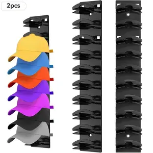 2 Pack Hat Organizer for Baseball Caps, Wall-Mounted Hat Rack with Adhesive, Wall Mount Compatible, Multi-Layer Cap Storage Holder, Space-Saving Vertical Hanger Holds Up to 20 Caps, No-Drill Storage Solution for Door, Self Adhesive Hooks