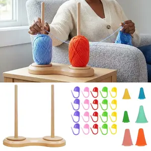 27 pieces wooden double spool yarn holder set, equipped with needle tip cover and crochet hook, durable crochet hook accessories, can prevent yarn from tangling, suitable for weaving, embroidery and various handmade creation scenes