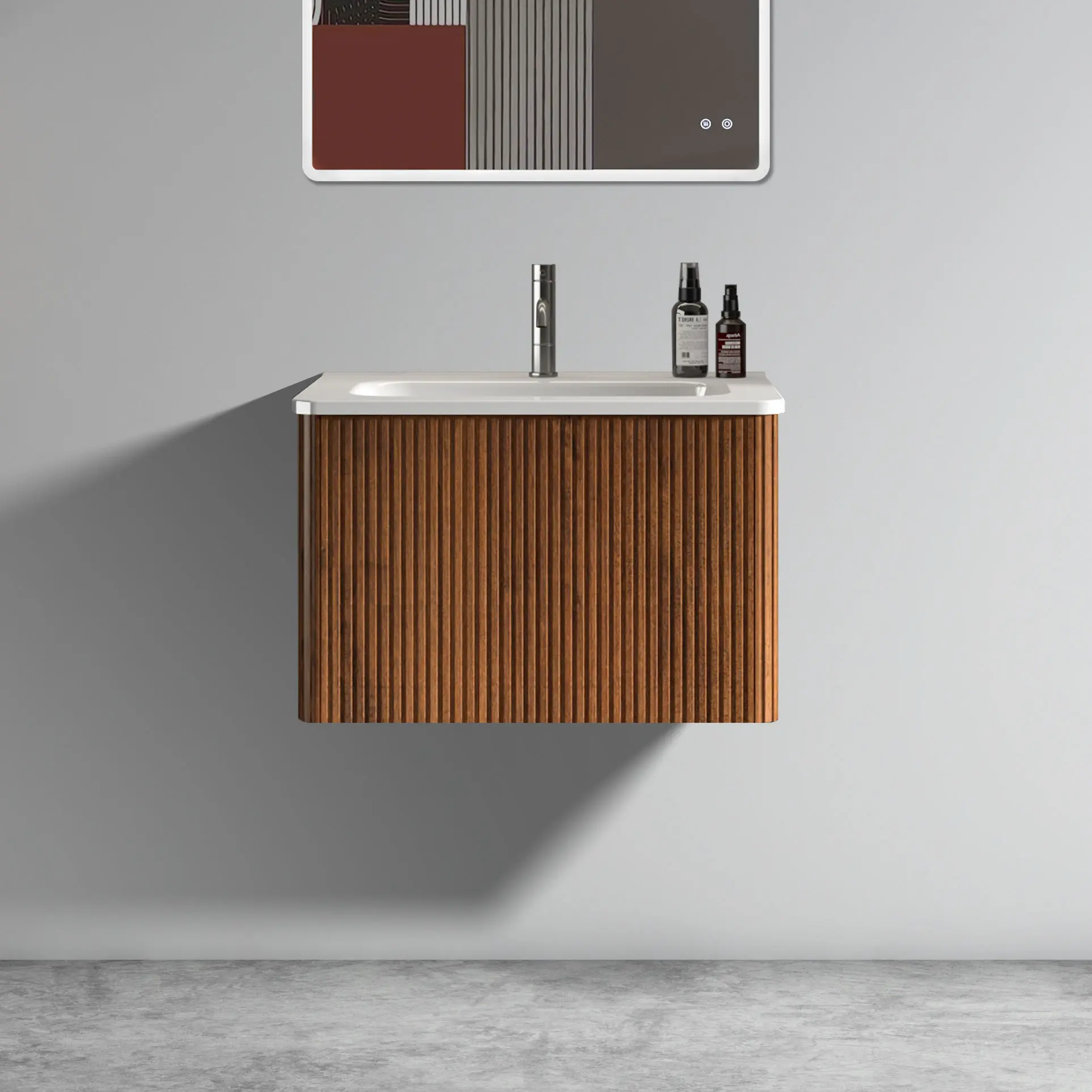 YYDS U046-Etna24W-305 Etna 24" Striped Walnut Bathroom Vanity with White Ceramic Sink, Wall Mounted Floating Bathroom Vanity for Modern Bathroom, Pre-assembled