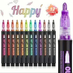 Double Line Outline Marker Pen Set, 12pcs/set Squiggles Shimmer Outline Marker Pen Set, Glitter Writing Drawing Pens for Birthday Greeting Card, Doodling, Art Crafts, Shimmer Markers