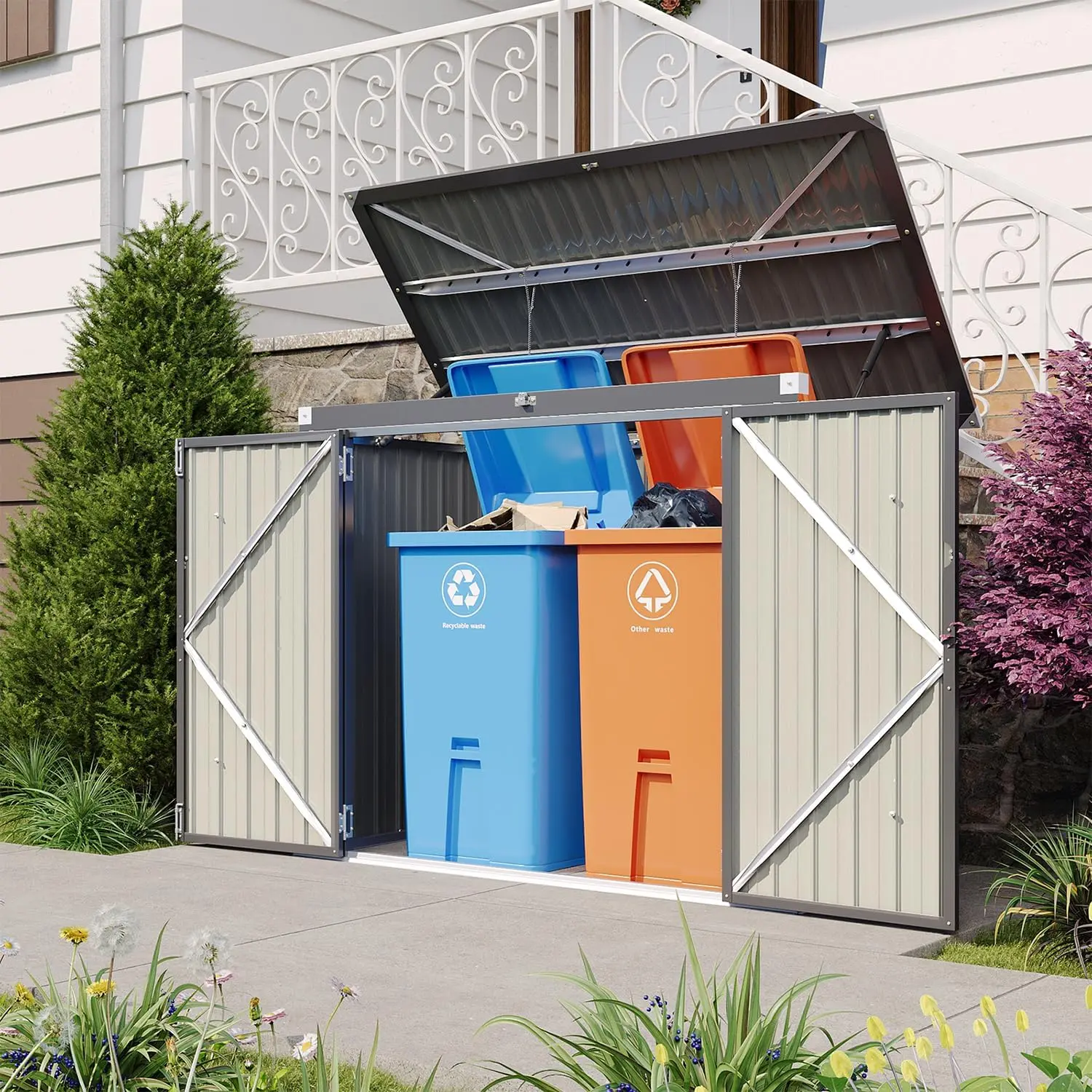 Jolydale 80 CU.FT Iron-Galvanized Steel Outdoor Storage Shed with Chain Cover, Pneumatic Rod, Waterproof Hardware Organizer for 2 Trash Bins, 59.8"l x 32.3"w x 47.2"h, Easy Setup, Assembly Required (Black),dorm essentials,home essentials