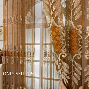 1pc Warm Tone Vintage Embroidered Curtain, Creamy Caramel Color, Elegant Living Room Floor-To-Ceiling Drapes, Classic Style Curtains