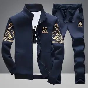Men's Casual Sports Stand Collar Set Long Sleeve & Trousers AR Letter Print Daily Wear Outdoor Sports Fashionable Men's Set Navy Blue with Gold Embroidery