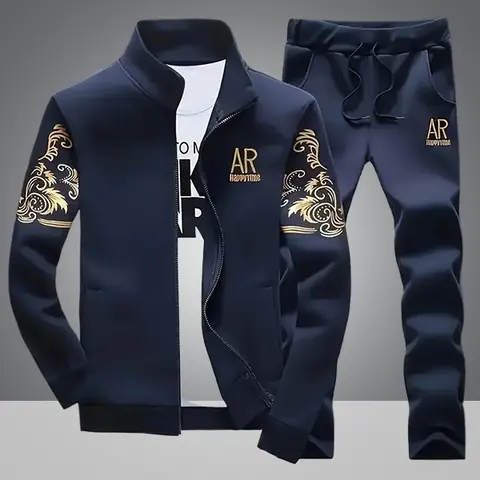 Men's 2-Piece Athletic Sporty Sweatsuit Set - Stand Collar Long Sleeve Activewear Top, Men's Clothing Pants, AR Letter Print, Navy Blue with Gold Embroidery, Gym Clothes Set for Daily Wear & Outdoor Gym