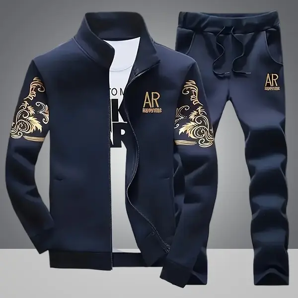 Men's 2-Piece Athletic Sporty Sweatsuit Set - Stand Collar Long Sleeve Activewear Top, Men's Clothing Pants, AR Letter Print, Navy Blue with Gold Embroidery, Gym Clothes Set for Daily Wear & Outdoor Gym