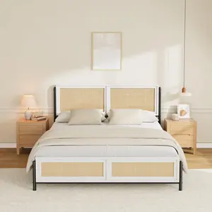 Garvee Queen Rattan Bed Frame Queen with Natural Rattan Headboard and Footboard, Boho Platform Bed with Metal Slats, Wooden Side Rails, Noise Free, No Box Spring Needed