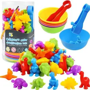 Rainbow Counting Soft Rubber Dinosaur Early Education Cognitive Montessori Toy Set, Multi Activity Playset, with Matching Games and Sorting Bowls, Sensory Enlightenment Set for Ages 3+, Math and Color Sorting Gift, Preschool Learning Tool