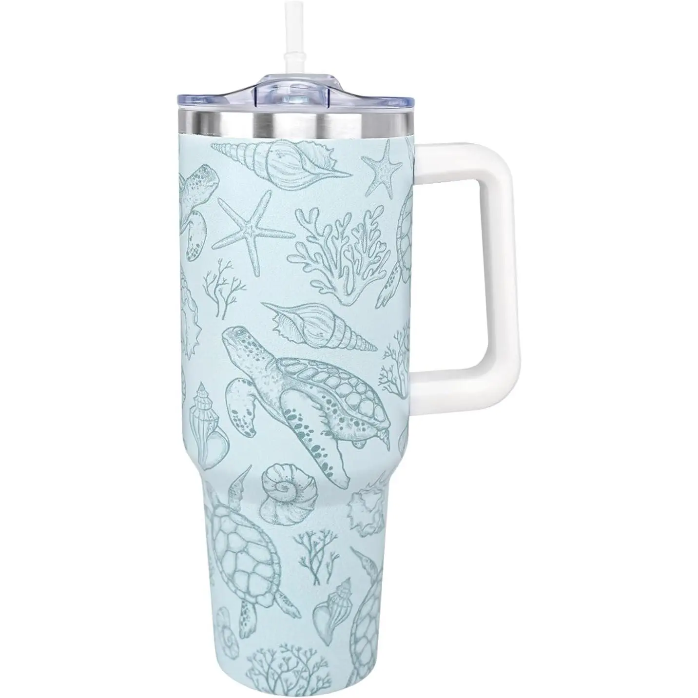40oz Food-Grade Steel Insulated Sea Turtle Printed Vacuum Flask Tumbler - Portable Leakproof Kitchenware Drinkware Beverage Bottle with Handle, Straw, Lid for Travel, Daily Sipping, Gift for Turtle Lovers