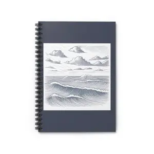 Compact Ocean Waves Hand-Etched Art Spiral Notebook - Sea-Breeze Themed, Customizable Matte Cover, Original Graphic Art by Galit Aura, Ruled Pages Journal with Document Pocket