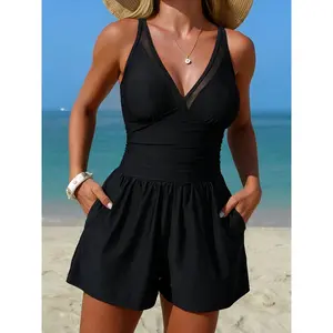 2026 Women's One Piece Mesh Swimsuit Tummy Control Swimwear Romper with Pockets High Elastic Female Beach Bathing Swim Bodysuit
