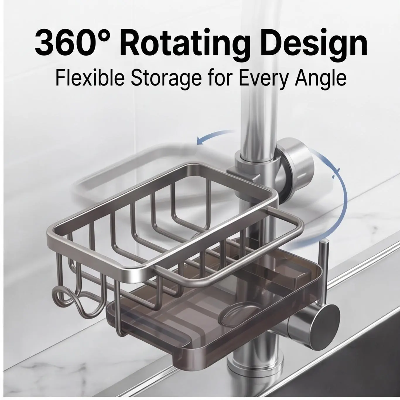 360° Rotatable Multifunctional Faucet Sink Caddy Organizer, 304 Corrosion-Resistant Stainless Steel Sponge Holder With Removable Drain Tray & Side Hooks, No-Drill Clamp Mount Sink Storage For Kitchen Dish Soap & Scrubbers