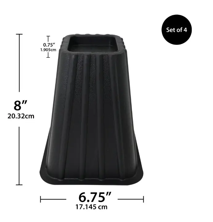 Black Plastic Tall Furniture Hardware Bed Risers, 4-Pack, 6.75 in x 6.75 in x 8 in, for Height Adjustment & Under-Bed Storage
