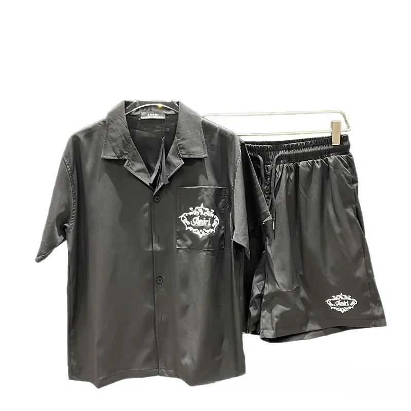 AMIRI Summer Vacation Matching Outfit Sets, Letter Badge Print Short Sleeve Camp Collar Shirt & Drawstring Casual Shorts, Unisex Loose Two Piece Tracksuit, Vintage Minimalist Streetwear Set for Men Women