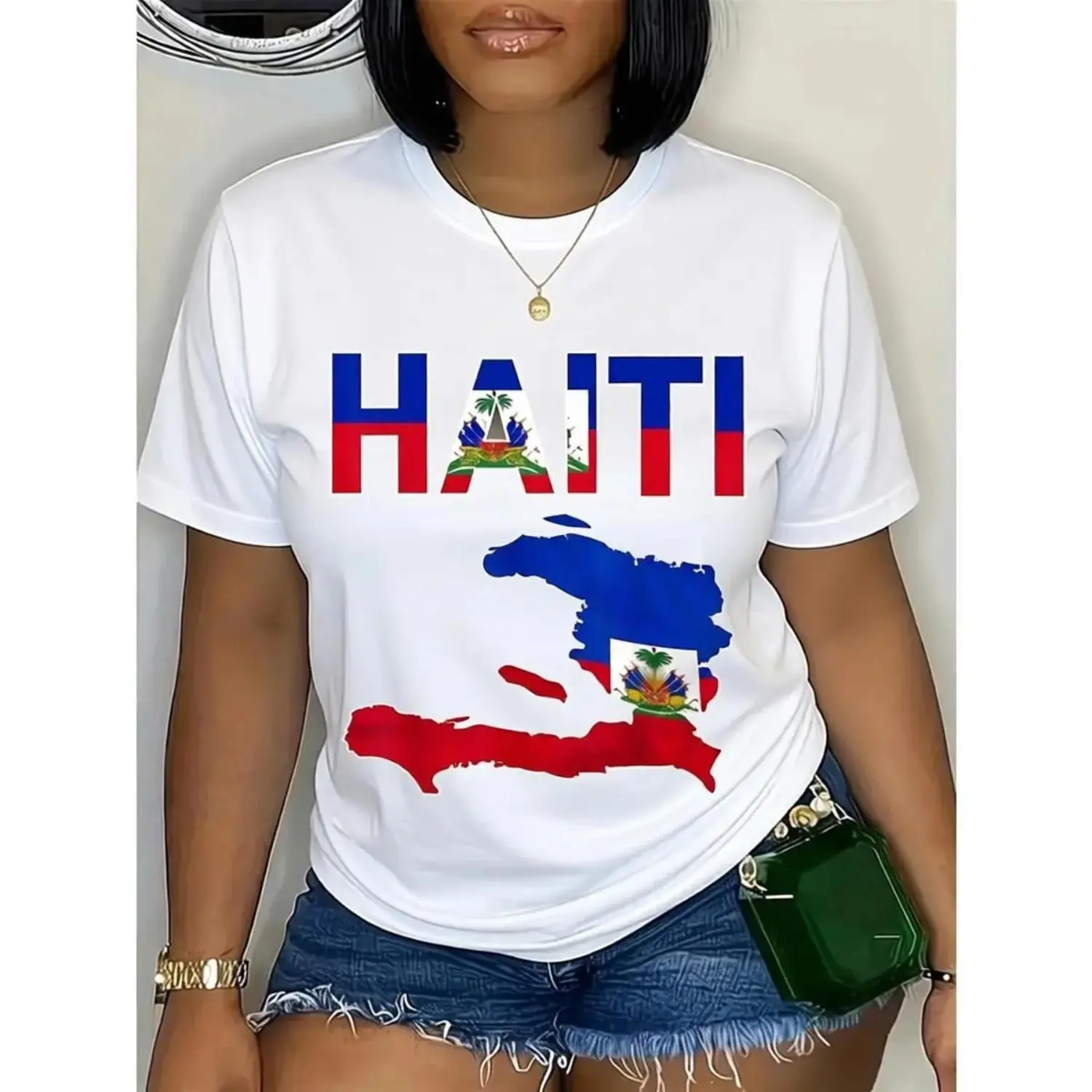 Unisex Haitian Pride Haiti Flag Digital Print Short-Sleeve Crew Neck Sports Top - 100% Cotton, Relaxed Fit, Breathable Fabric, Fade Resistant, Lightweight, Soft, Machine-Washable, Casual Streetwear