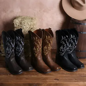 IUV Cowboy Boots For Women Square Toe Cowgirl Boots Mid Calf Western Boots Pull On Fashion Cowboy Boots