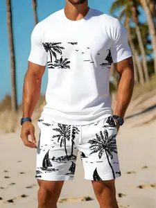 Men's Summer Set Coconut Tree Print Short Sleeve T-Shirt + Beach Shorts, Casual Vacation Two-Piece, Beach Travel Wear