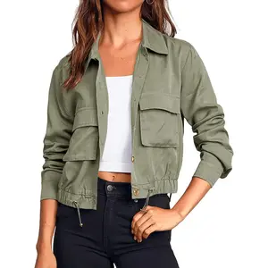Women's Military Safari Cropped Long Sleeve Button-Down Lightweight Oversized Utility Anorak Outerwear Jacket with Pockets, Casual Tops Clothes for Daily Wear