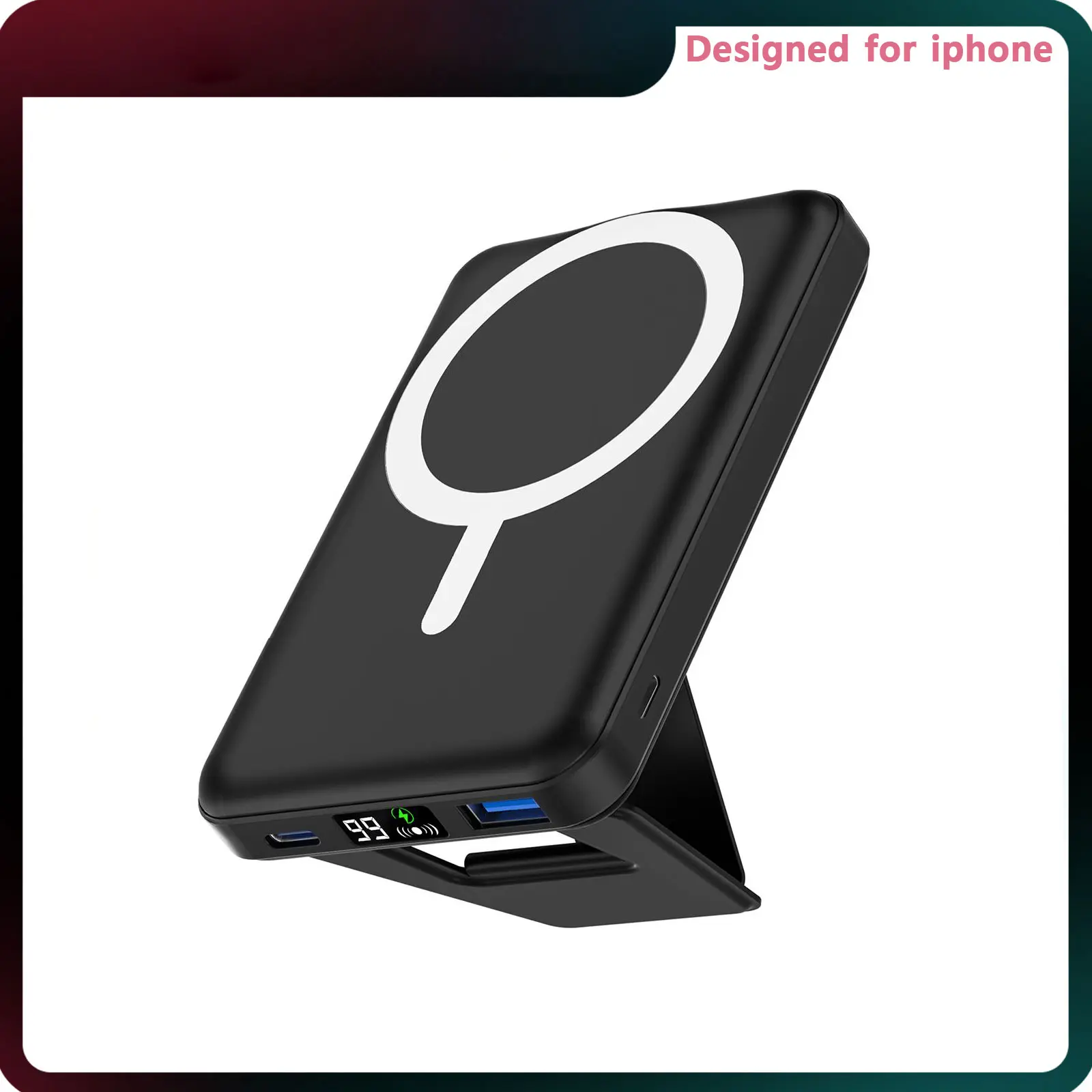 Podoru MagSafe Magnetic Portable Charger with Foldable Stand, 10000mAh Silicone Lithium Battery Pack, USB-C Cable Included, Compact Charging Device for iPhone 17/16/15/14/13/12 Series Smartphone Accessory