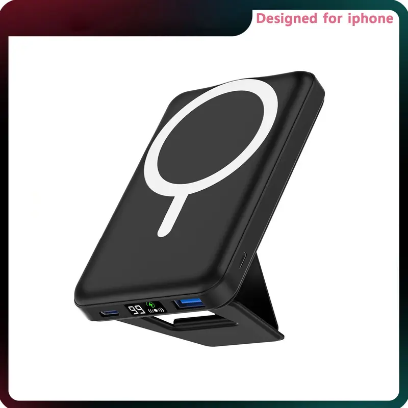 Podoru 10000mAh Silicone Magnetic Battery Power Bank, 15W MagSafe Snap, Foldable Stand, LED Digital Display Lithium Battery Pack - Mobile iPhone Charger for iPhone & USB-C Android Devices
