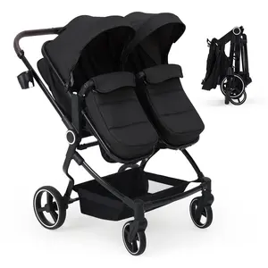 Side by Side Double Stroller for Twins, Foldable Baby Travel Stroller with High Landscape Seat, Adjustable Canopy & Recline