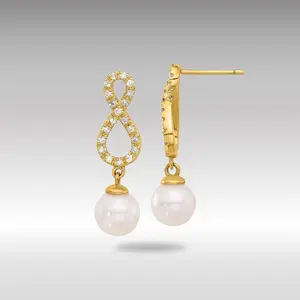 14K Gold 7-8mm Rnd Wht Akoya Pearl and .40ct Diamond Infinity Post Dangle Earrings - Model XF840E