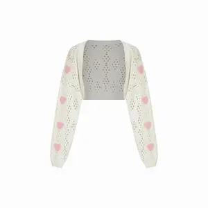 Cider Cream White Open Back Crochet Hollow Out Cardigan with Pink Heart Embellishments - Sweet Short Sleeve Knit Sweater for Women Daily/Dating