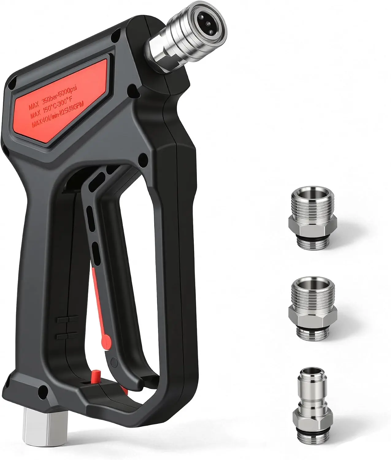 Short Pressure Washer Gun for Car Wash, Foam Cannon, Driveway | 5000 PSI Max, 10.5 GPM, 300F High Temp, 1/4" Quick Connect, 3/8" & M22-14mm & M22-15mm Adapters, Stainless Steel and Brass