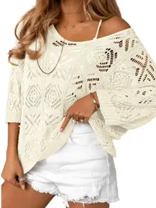Plus Size Women's Spring Summer 2026 Crochet Hollow Out 3/4 Sleeve Pullover, Stylish and Comfortable Knitwear for Daily Wear