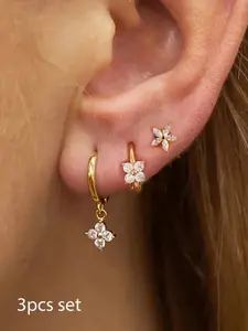 3-Piece Set Elegant Crystal Butterfly Earrings, Punk Style Ear Cuffs and Studs, Women's Cartilage Piercing Jewelry, All-Season Fashion Accessories