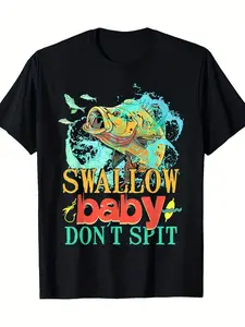 Men'S "Swallow Youngsters Don't Spit" Fishing Humor T-Shirt - 100% Cotton, Short Sleeve, Crew Neck, Vibrant Fish Graphic, Machine Washable, Soft & Comfortable for Casual Wear, All-Season Sport Fan Apparel, Fishing Shirt