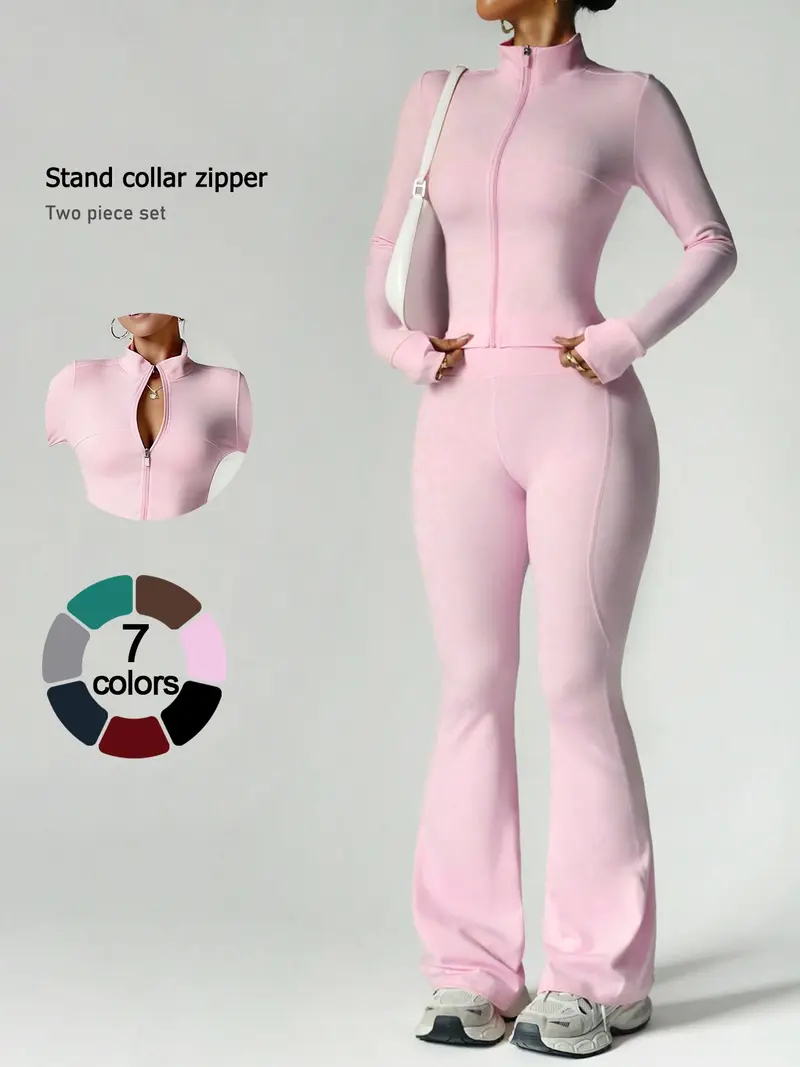 Two piece set women's loungewear set with long-sleeve zip-up jacket and wide-leg pants suitable for outings vacations airport travel Comfortable casual stylish pajama set for women with long sleeves and long pants