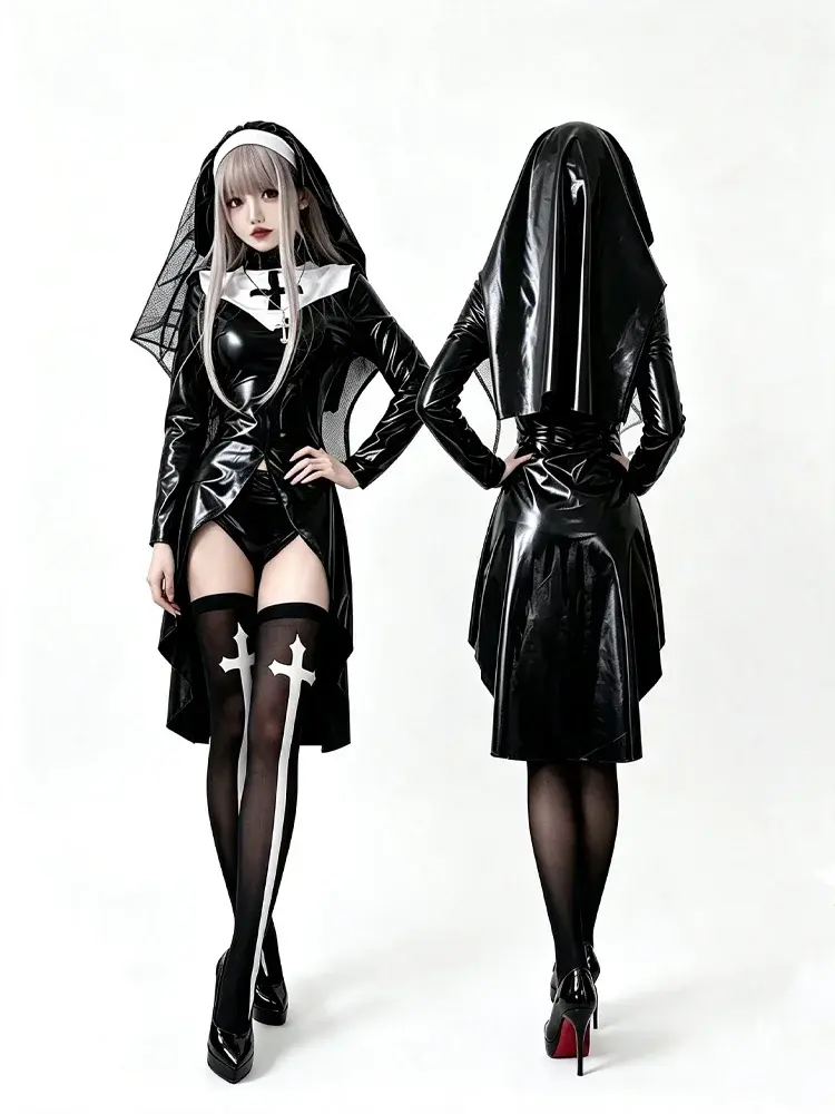 Dark Vampire Nun Cosplay Costume Gothic-Style Cross-Printed Fitted Mini Dress Halloween Festivals Masquerade Balls Spooky Partie  Funny toys and farce toys
