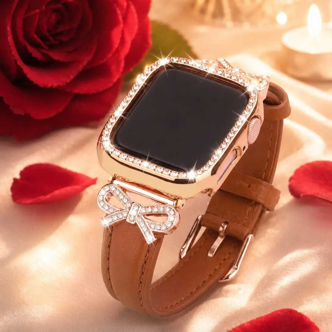 2-in-1 Leather Apple Watch Band Smart Watch Strap + Cutout PC Protective Case (Compatible with 40–49mm Models); stylish and sophisticated design featuring sparkling rhinestones; compatible with Apple Watch Series, Ultra, SE, and 11–4.