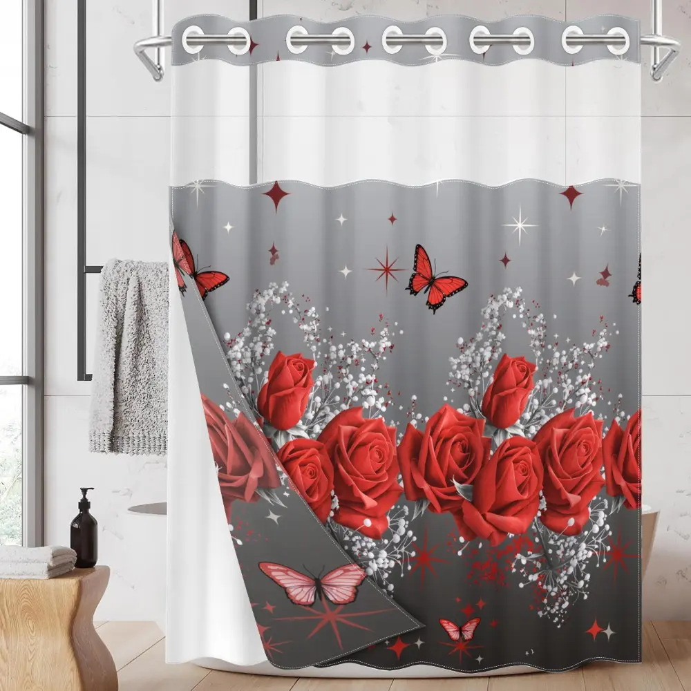 1pc hookless shower curtain with buckle lining, Shower Curtain Liner, spring red rose butterfly silver star design print, fabric waterproof lining with see-through window double layer, 71 x 74 inches, bathroom curtain, home decor