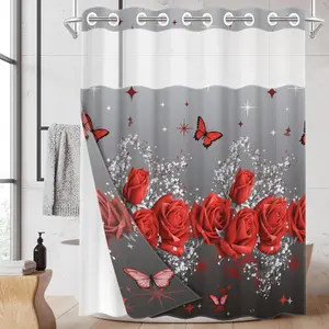 1pc hookless shower curtain with buckle lining, Shower Curtain Liner, spring red rose butterfly silver star design print, fabric waterproof lining with see-through window double layer, 71 x 74 inches, bathroom curtain, home decor