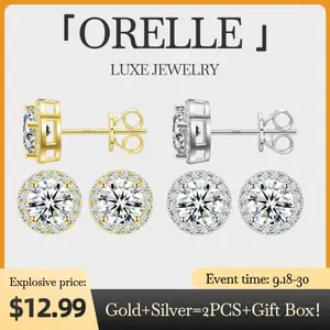 ORELLE Halo 2PCS (14K Gold + S925 Sterling Silver) 10mm Stud Earrings Versatile Jewelry Perfect Birthday & Holiday Gift Men's & Women's Wedding Set men shoop earrings zirconia stud earring jew lery