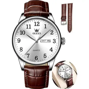 OLEVS Watch Men Mens Watches Watches for Men Leather Band Classic Brown Leather Watch Men, Analog Watch Men, Black Mens Leather Watch, Dress Waterproof Large Face Mens Watch,Relojes para Hombres Watch