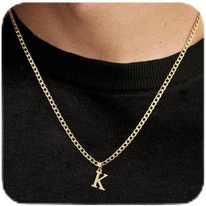 Initial A-Z Letter Pendant Necklace for Men 18K Gold Plated Capital Initial Necklace Cuban Link Chain 4mm 20 Inch Jewelry Gift